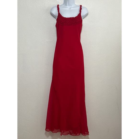 VTG Y2K 2010 Maxi Red Sheer Overlay Dress 12 Ruffle Bust Glam Holiday Party Prom - Picture 1 of 14